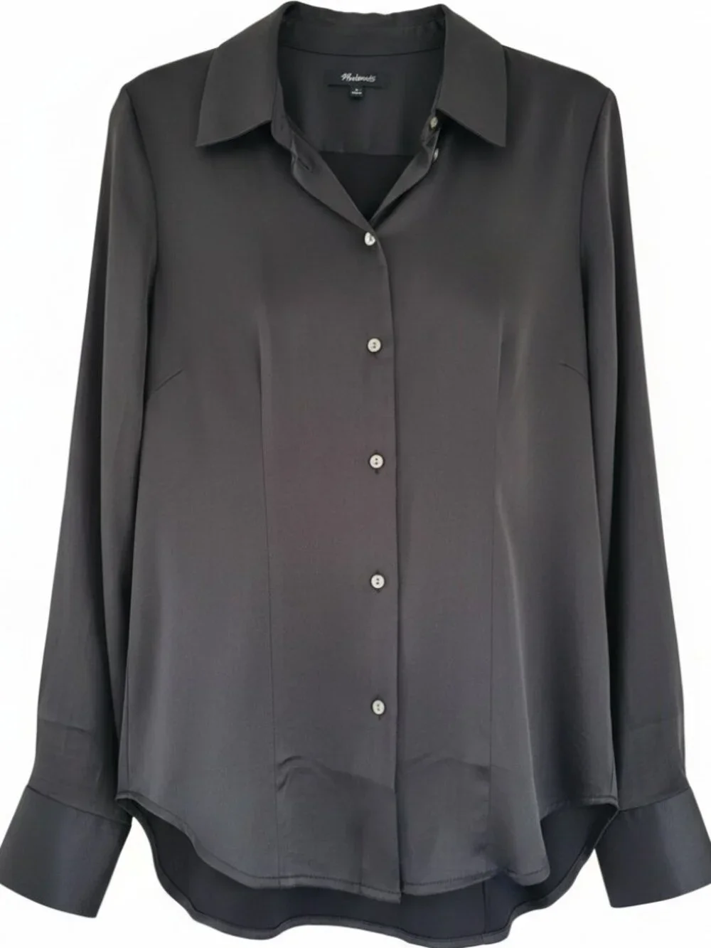 Madewell Darted Satin Button-Up Shirt Charcoal Gray Ecovero sz 2 Polished - Picture 2 of 11